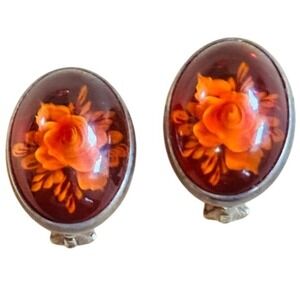 VTG Baltic Carved Amber rose Earrings Cabochon clip VB Silver 925 sterling Oval